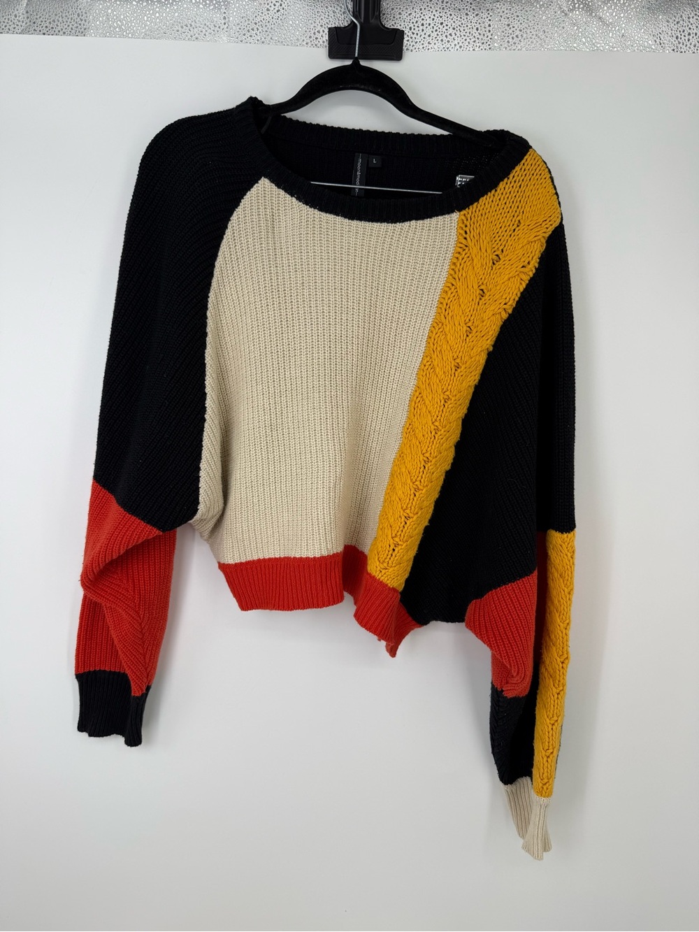 Moon & Madison Colorblock Cable Knit Sweater - Black, Cream, Red & Mustard L